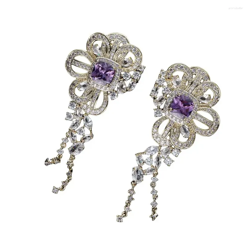 Boucles d'oreilles pendantes EVACANDIS cristal Floral fait à la main élégant plaqué or goutte pour femmes Zircon S925 argent Sterling aiguille concepteur