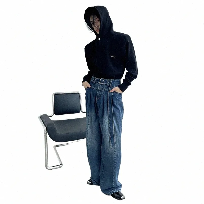 reddachic Self-belt Pleated Baggy Jeans for Men Plain Blue W Wide Leg Pants Y2k 90s Retro Skater Street Style Hiphop Trousers f9Za#