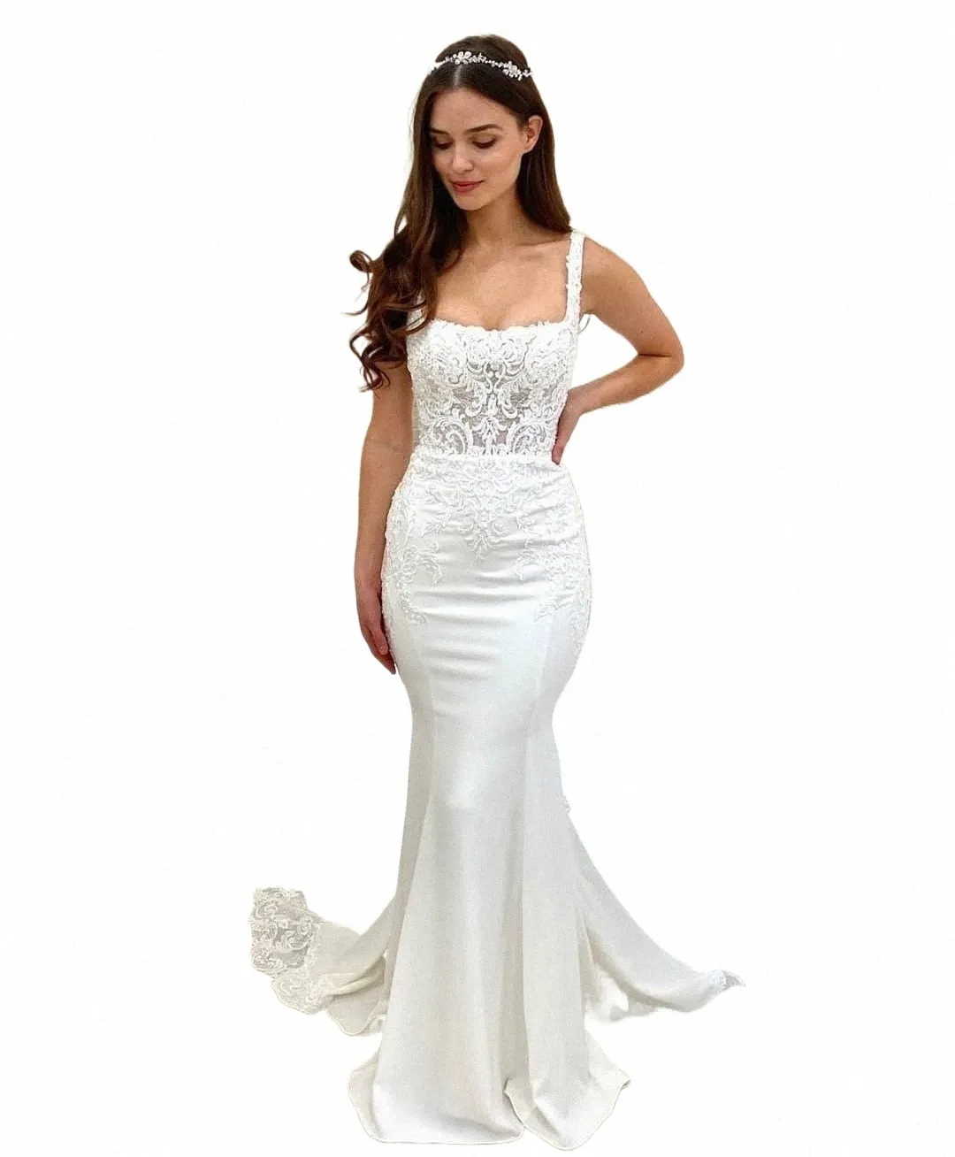 Bianco sirena da sposa Dr colletto quadrato applicazioni di pizzo per le donne raso Robe De Mariee pavimento lunghezza abiti da sposa Sweep Train q7sH #