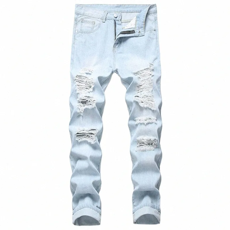 Jeans strappati con baffi di gatto americano Patch da uomo Indossato slim fit Piccola manica dritta Casual papà Pantaloni Lg Autunno e inverno s4Tz #