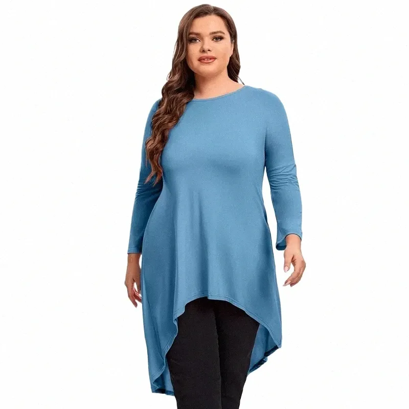 Plus Size Elegante Lg Mouw Lente Herfst Tunieken Vrouwen Lg Loose Fit Flare Basic Swing Blouse Tops Grote Maat Casual T-shirt B76M #