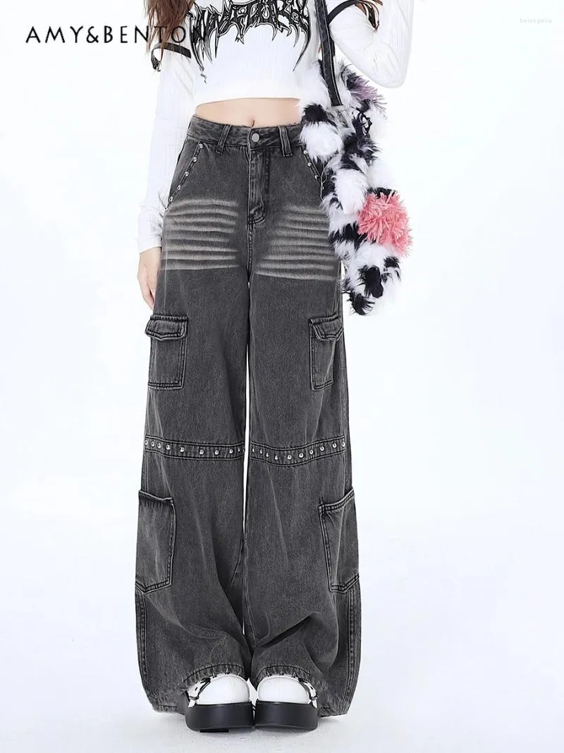 Damesjeans Amerikaanse retro harajuku klinknagel wijde pijpen broek winter preppy stijl gothic meisje rechte pijpen straat baggy vrouwen