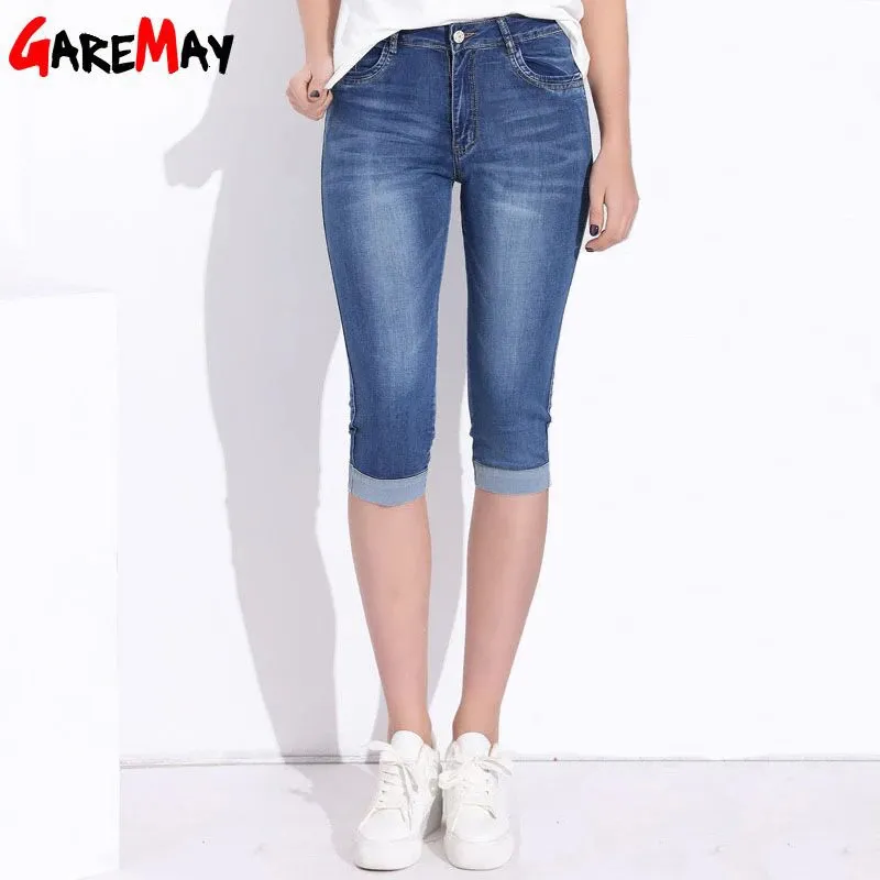 Plus size magro capris jean feminino estiramento na altura do joelho denim calças shorts calças femininas cintura alta verão jeans para meninas 240315