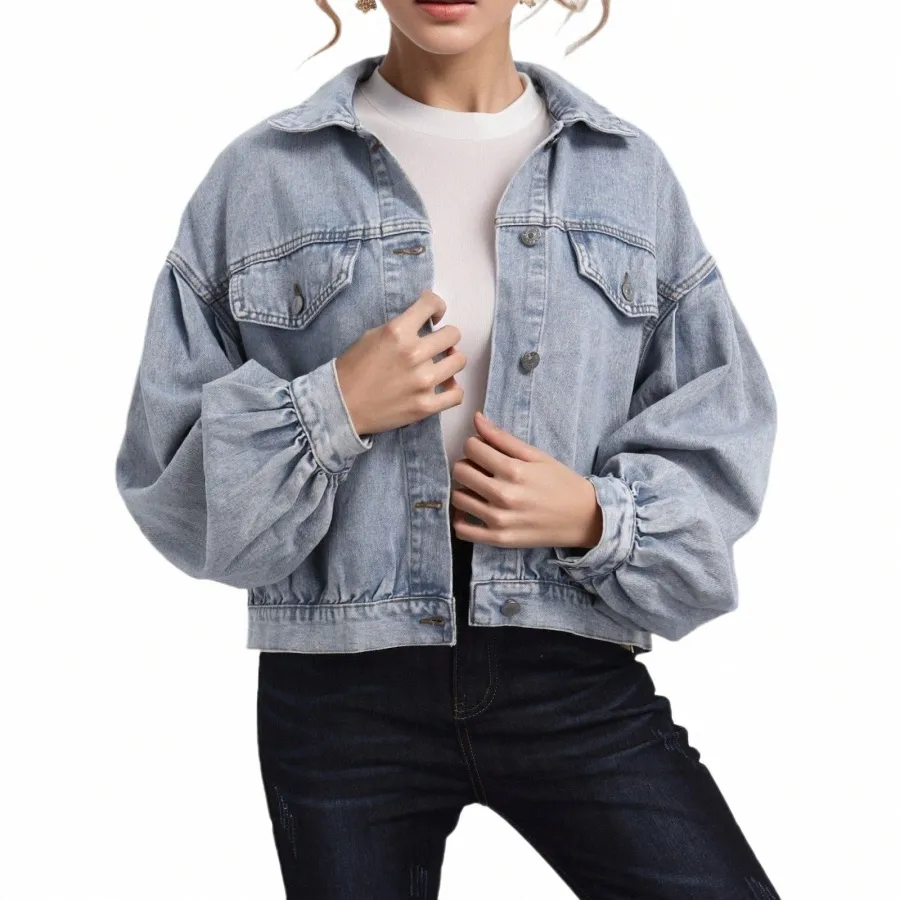 Single Breasted Lantern Sleeve Denim Jacket Women Spring Autumn Fi Loose Short Jeans Coats Female Outerwear Casual 2024 L2QM#