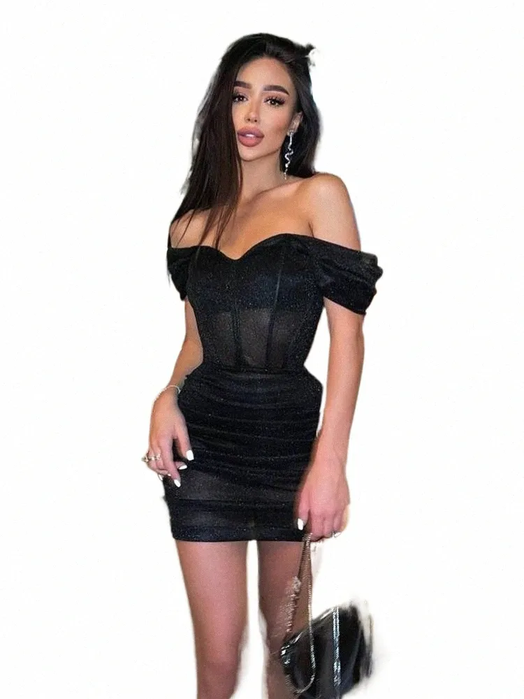 wannathis Off The Shoulder Mini Dr Women Black Sequin Corset Ruched Prom Nightclub Bodyc Sexy Korean Fi Women Clothing p5pW#