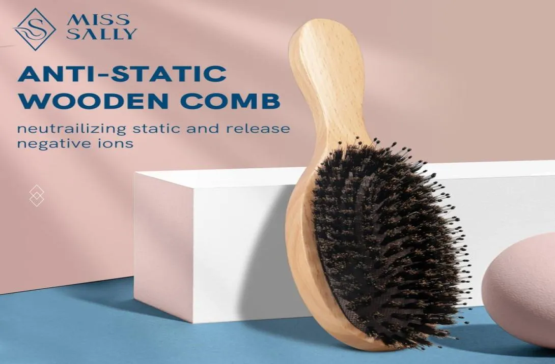 Hårborstar Miss Sally Wood Brush Antistatic Scalp Massage Comb with Boar Bristle Air Cushion For Women Men Wet and Dry 2211055605490