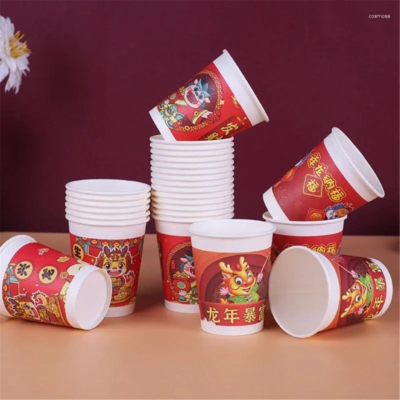 Coppe usa e getta cannucce 50 pezzi Drago cinese Anno addensato Festiva di carta Festival decorativo bevanda fredda caffè usa e getta caffè