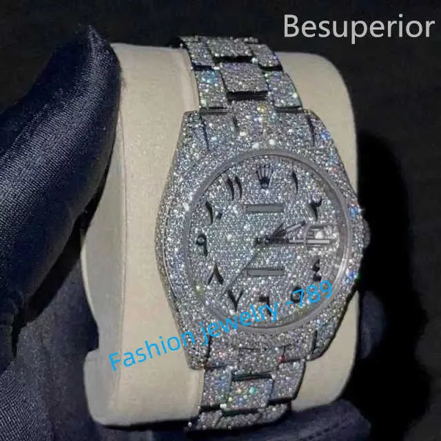 Lüks Moissanite Diamond Watch Buzlu Out Watch Designer Mens Erkekler İçin İzle Yüksek kaliteli montre otomatik hareket saatleri orologio. Montre de Luxe i17