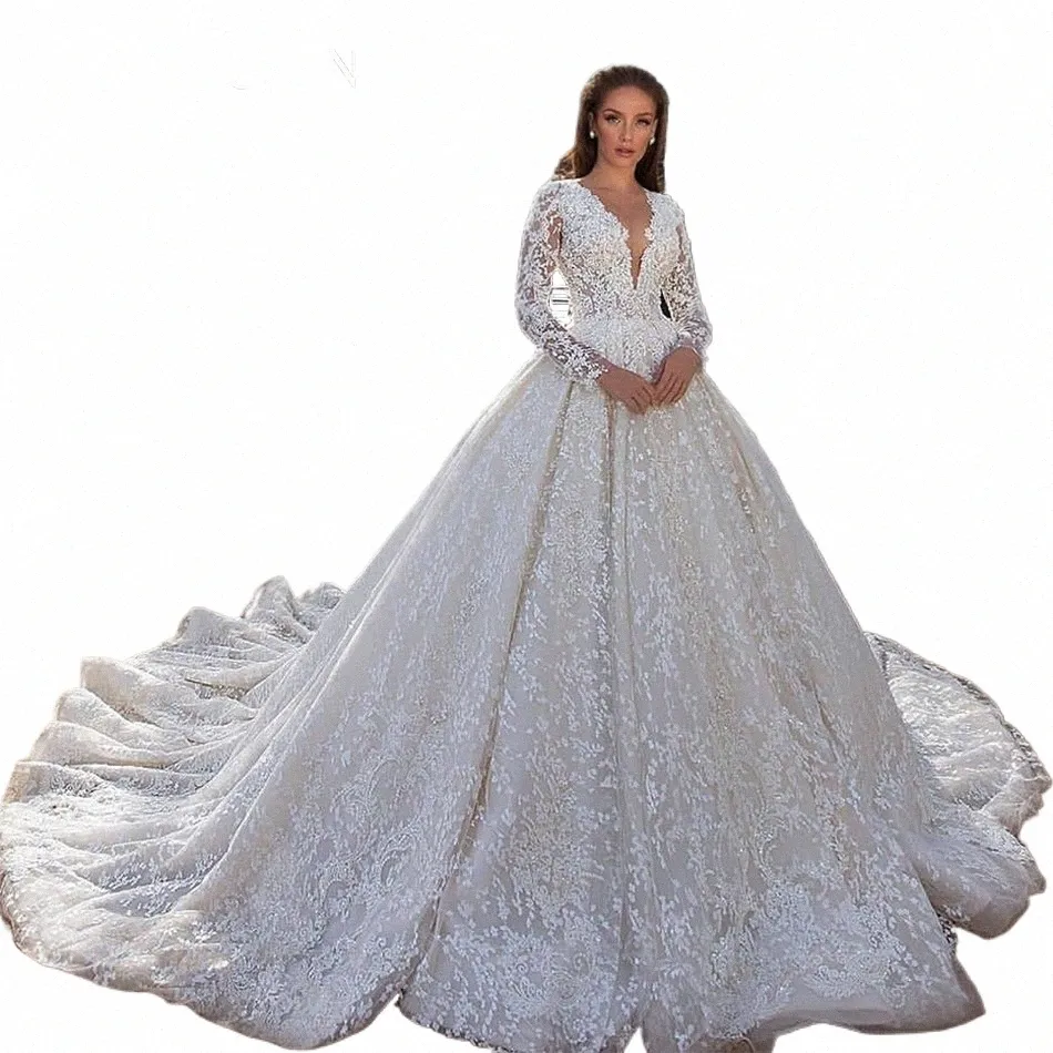 Ethel Rolyn Luksusowy ślub Dr dla kobiet 2024 Aplikacje z koralikami LG Rękaw koronkowy Princik V-Neck Bridal Suknia Vestidos de novia R845#