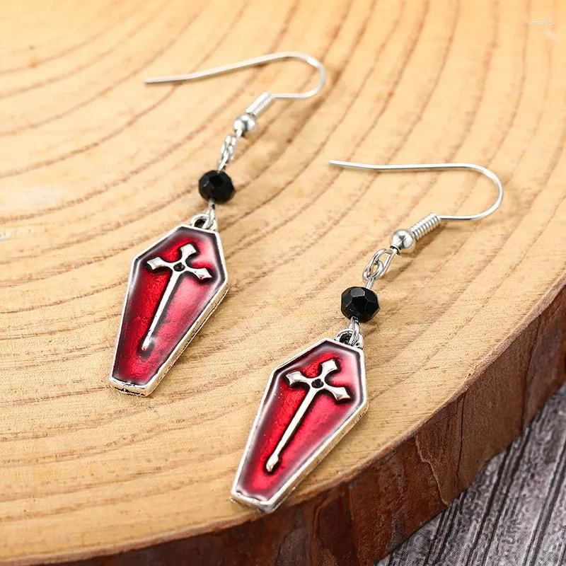 Dangle Earrings Red Coffin Vampire Cross Punk Goth Style Long Earring For Women Girls Personality Halloween Jewelry Gifts