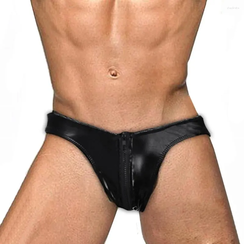 Sous-vêtements sexy hommes tongs en cuir lingerie avec short zippé hommes hommes g-strings sous-vêtements gai jockstrap slip homme