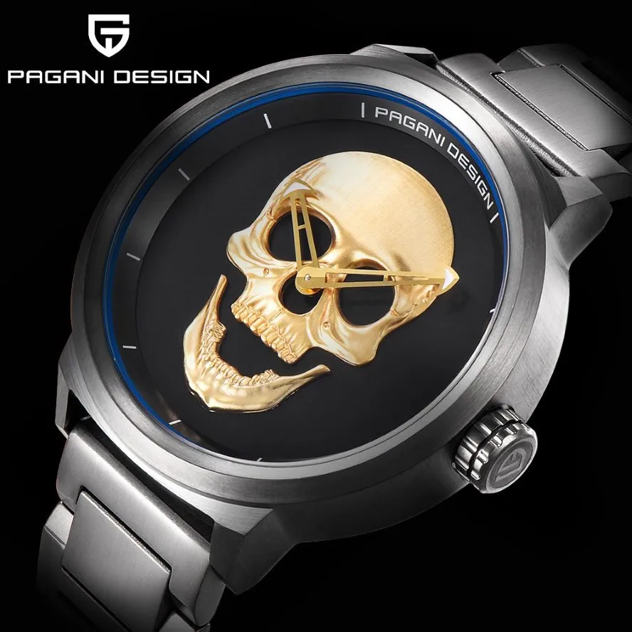 Orologio da uomo con personalità punk 3D con teschio, moda retrò, impermeabile, orologio al quarzo in acciaio inossidabile da 30 m, PAGANI DESIGN Relogio Masculi330b