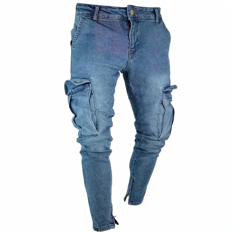 Street Jeans élastiques hommes Denim Cargo pantalon couleur unie Multi poches fermeture éclair inférieure pantalon décontracté coupe ajustée usage quotidien Joggers 1588 #