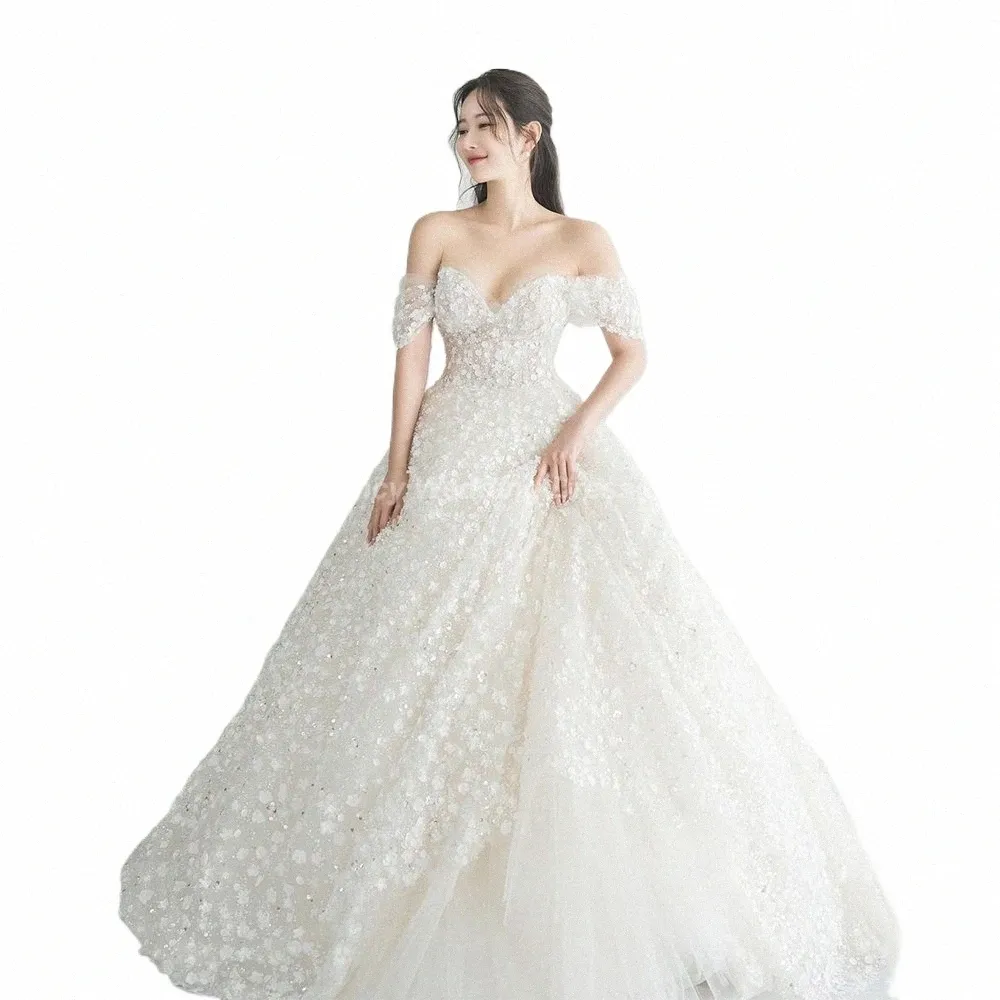 Fancy Elegant Off Shoulder Lace Wedding Dr Korea Foto Shoot A Line Sweetheart Bridal klänning Golvlängd Bridal Dres 95No#