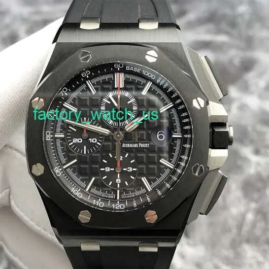 AP-Kalender-Armbanduhr, Royal Oak Offshore-Serie 26402CE, schwarzes Zifferblatt, Keramikmaterial, rote Nadel, Zeitmessung, mechanische Herrenuhr, transparenter Boden, 44 mm