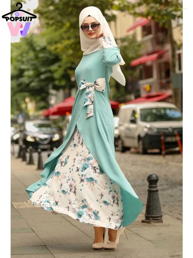 Vêtements ethniques Été Femmes Musulman Abaya Style Patchwork O-Cou Taille Haute Bow-Noeud Caftan Doublure À Manches Longues Robe Hemline