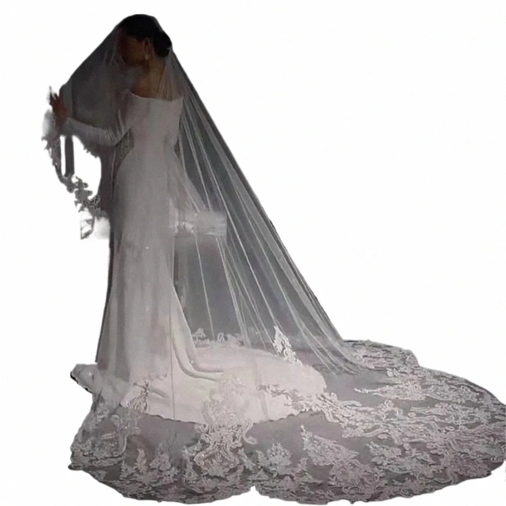 Branco Marfim 3M Wedding Veil 3M Lg Soft Tulle Royal Bridal Veil com Pente Bling Lantejoulas Lace Scalloped Veil Wedding Accories i3MJ #