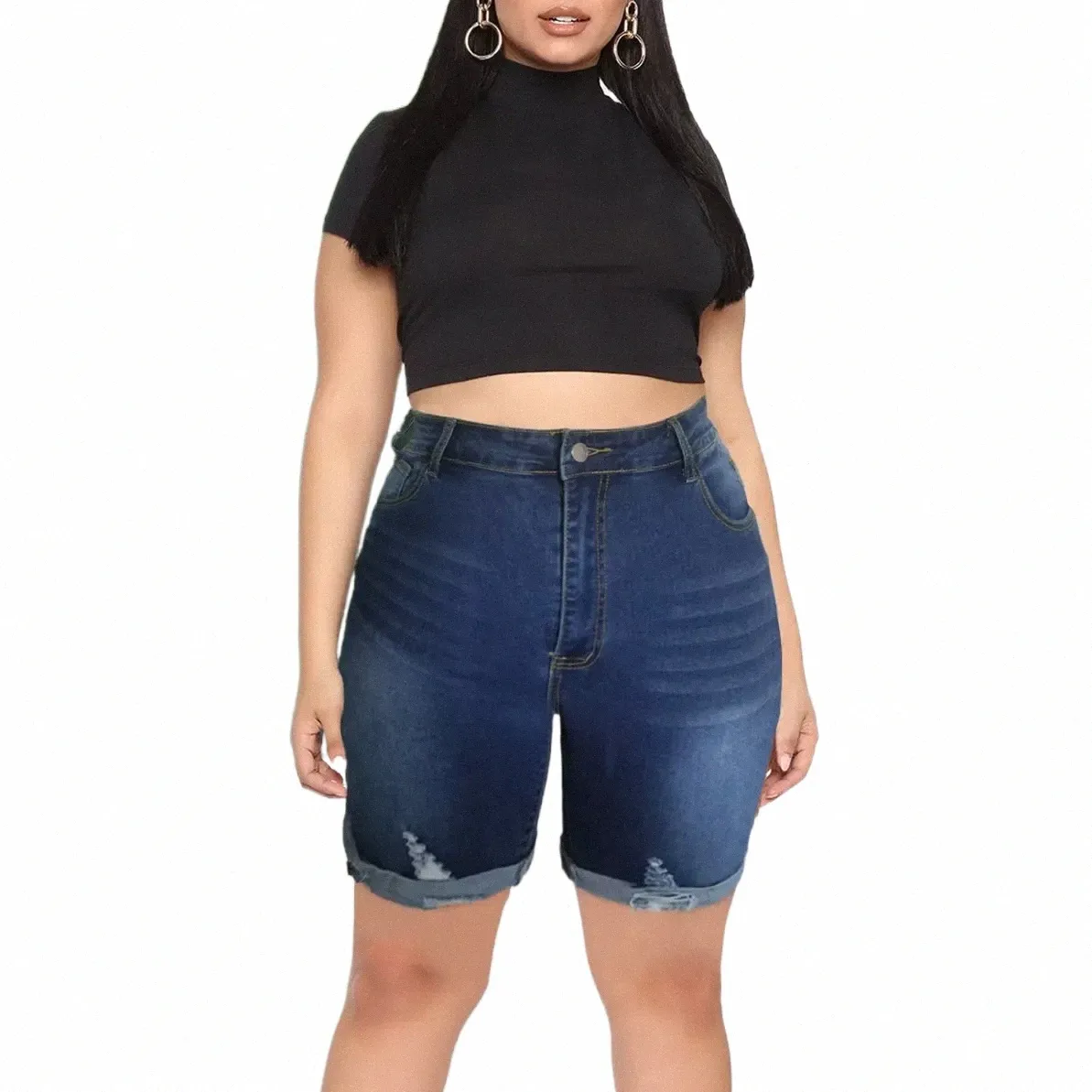 Plus Size Roll Up Medium Strecth SKinny strappato quinto punto Capris Jeans Mom 4XL Summer Women con risvolto Mid Blue Denim Bermuda n70d #