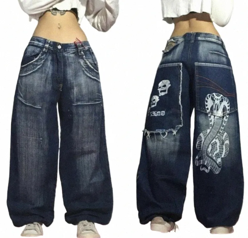 jnco Street Jeans Y2K Männer und Frauen Hosen Harajuku Hip Hop Print Retro Blau Lose Jeans Hohe Taille Breite Bein Hosen Jeans Trend d7oy #