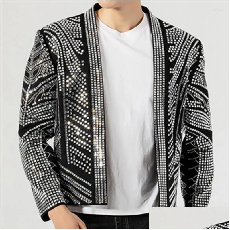 Herrenjacken Herren Schwarz FL Strass Jacke Männer Mantel Drill Punk Club Outfit Jaqueta Bomber Diamant Drop Lieferung Bekleidung Kleidung O Dhkvw