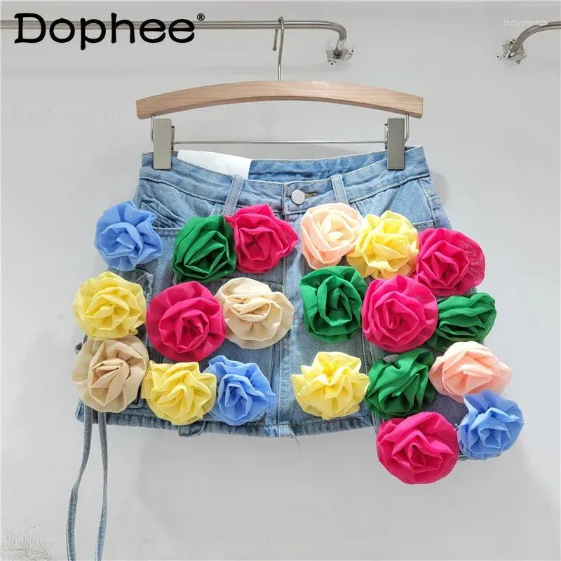 Skirts Colorful Three-Dimensional Flower Irregular Denim Skirt Women Summer High Waist Slimming A- Line Sheath Black