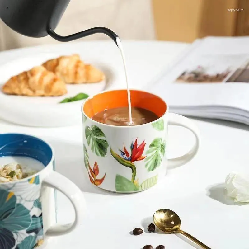 マグカップ家庭用森林植物セラミックマグコーヒーミルクカップハンドルアフタヌーンティーカップの花のかわいい水飲み物