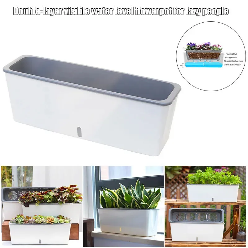 Double Lazy Flower Pots Self Watering Pot Planter Long Rectangular Agricultural Basin For Outdoor Indoor Garden Decorative 240320