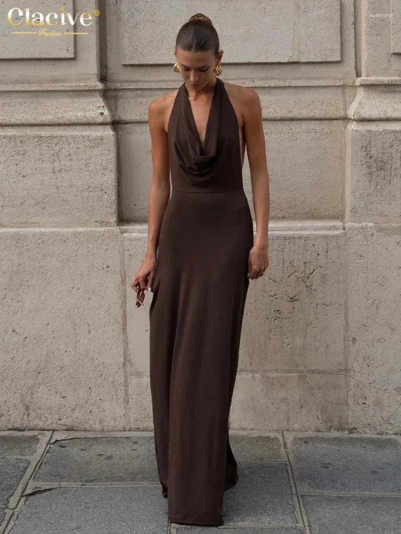 fitted lace wedding dress Brown Satin Sleeveless Maxi Dress with Lace Trim main image 1