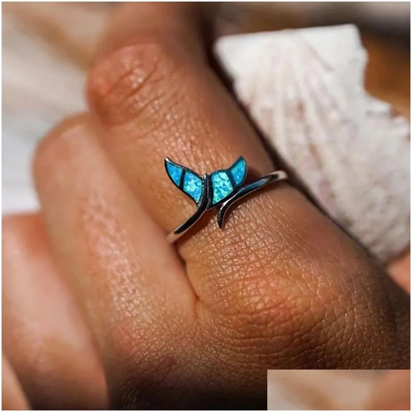 With Side Stones Isang New Fashion 925 Sterling Sier Ring Creative Ocean Blue Dophin Tail Adjustable Size Animal Jewelry Drop Deliver Dhyvz