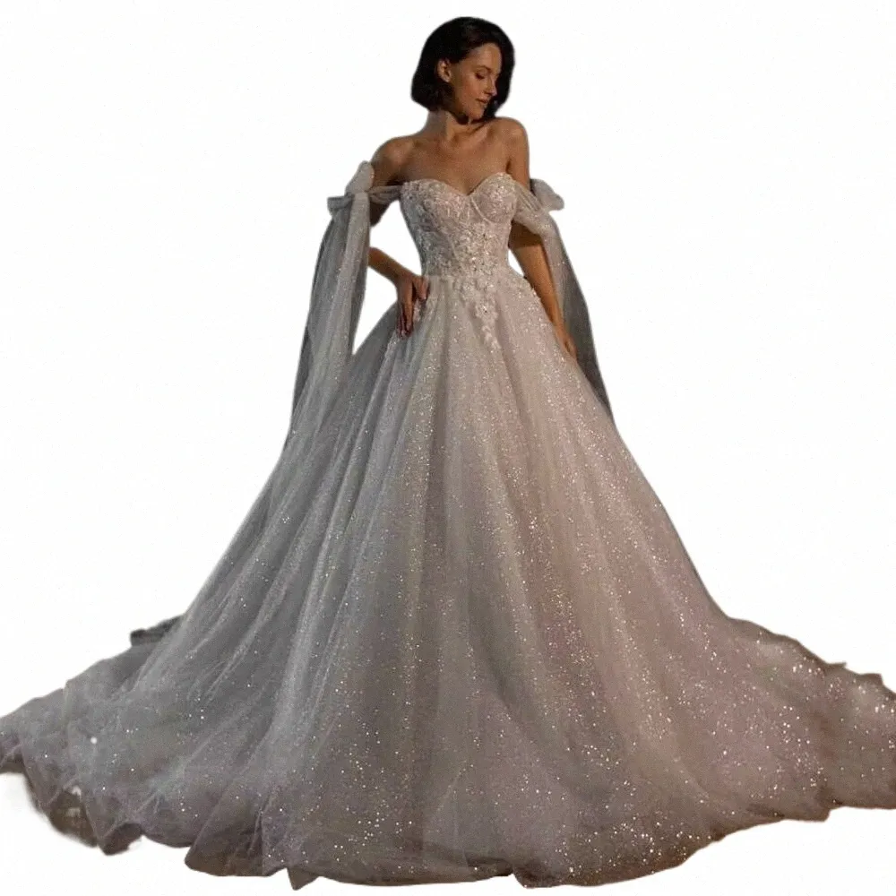 Shiny Glitter Tulle Wedding Dres Vintage Boho Sposa Dr Perline di pizzo al largo della spalla Princ Abiti da sposa 2024 Casamento a5En #