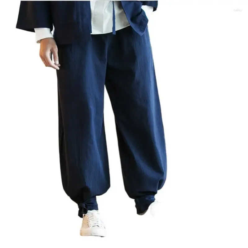 Pantaloni da uomo 2024 Estate Autunno Uomo Lungo Stile giapponese Cotone Lino Allentato Gamba larga Coulisse sul fondo Pantaloni Plus Size M-7XL