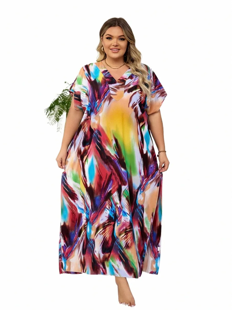 bohemian Printed Plus Size Sexy V Neck Short Sleeve Loose Dr Tunic For Women 2024 Summer Beachwear Moo Moo Dres Q831 t2Vx#