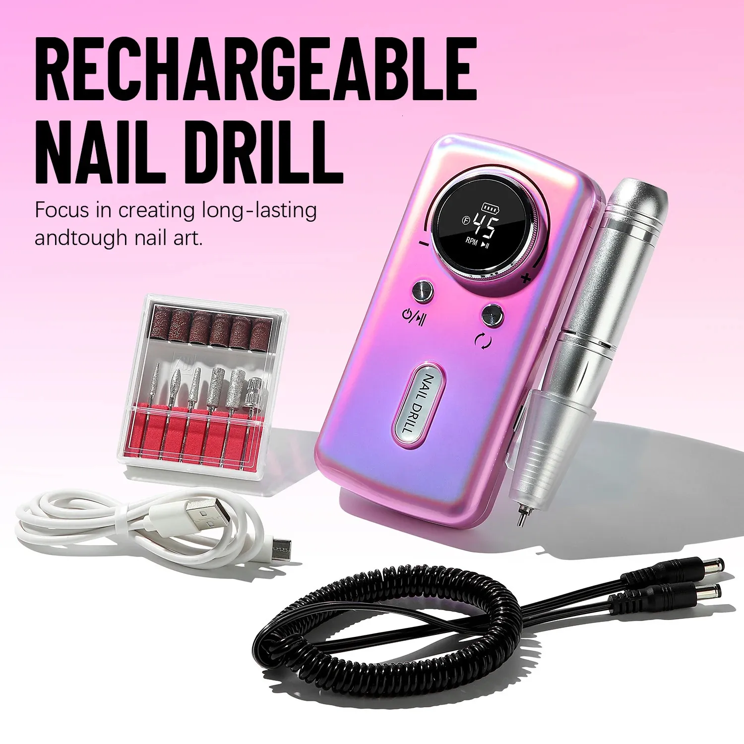 45000 rpm Electric Nail Drill Machine Professional Nail Drills for Gel Nails Polish uppladdningsbar Portable Nail File Manicure Tool 240315