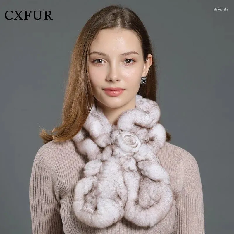 Scarves Soft Outfits Hand Knitted Ruffled Floral Real Rex Fur Scarf CX-S-01