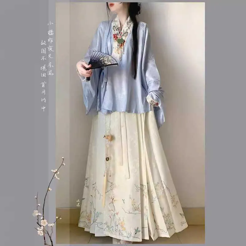 Ling Yu Ming Dinastia Hanfu feminino estilo chinês gola cruzada camisa curta saia rosto de cavalo primavera