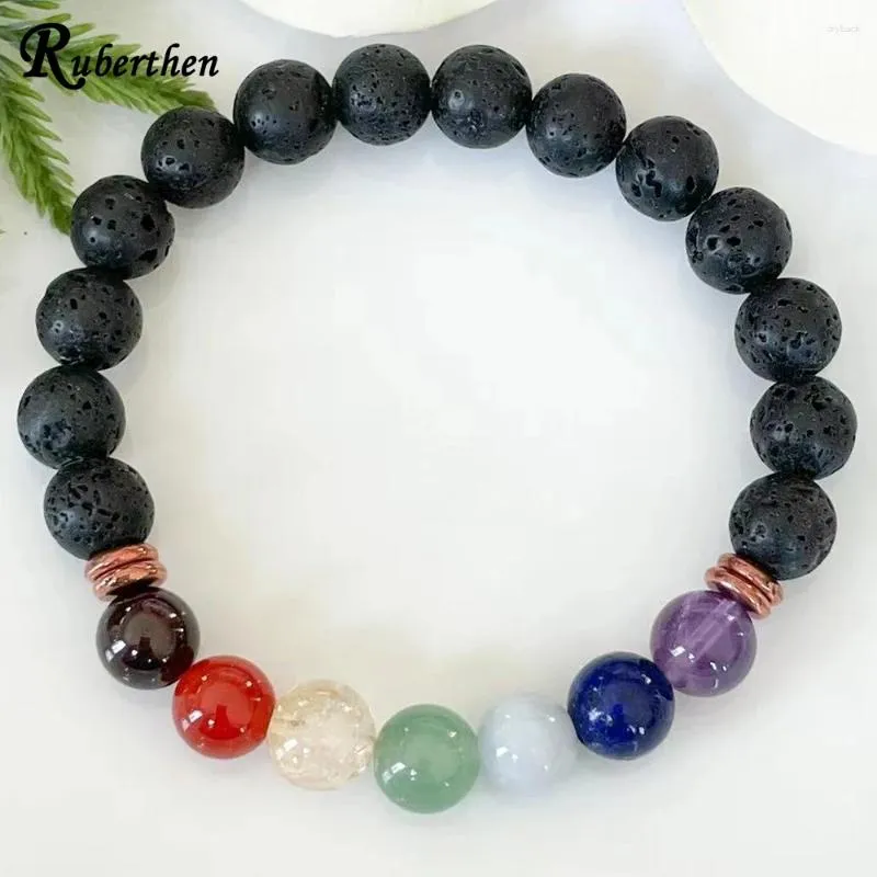 Strand Ruberthen 8 MM Rock Lava Stone 7 Chakra Beads Bracelet Womens Gemstone Crown Wrist Mala Yoga Jewelry