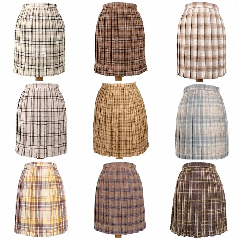 High Quality JK Uniform Skirt Yellow Brown Plaid Pleated Japanese School  Dress, Anime Cosplay Sailor Suit Skirt for Students