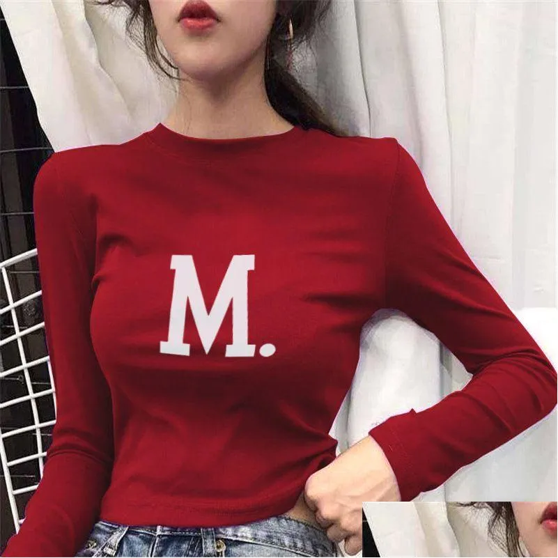 T-shirt Femme Femmes Harajuku Top Manches Longues Col Roulé Style De Mode Coréenne Lettre Imprimé Tees Femme Kawaii Automne Y Drop Delive Dhav2