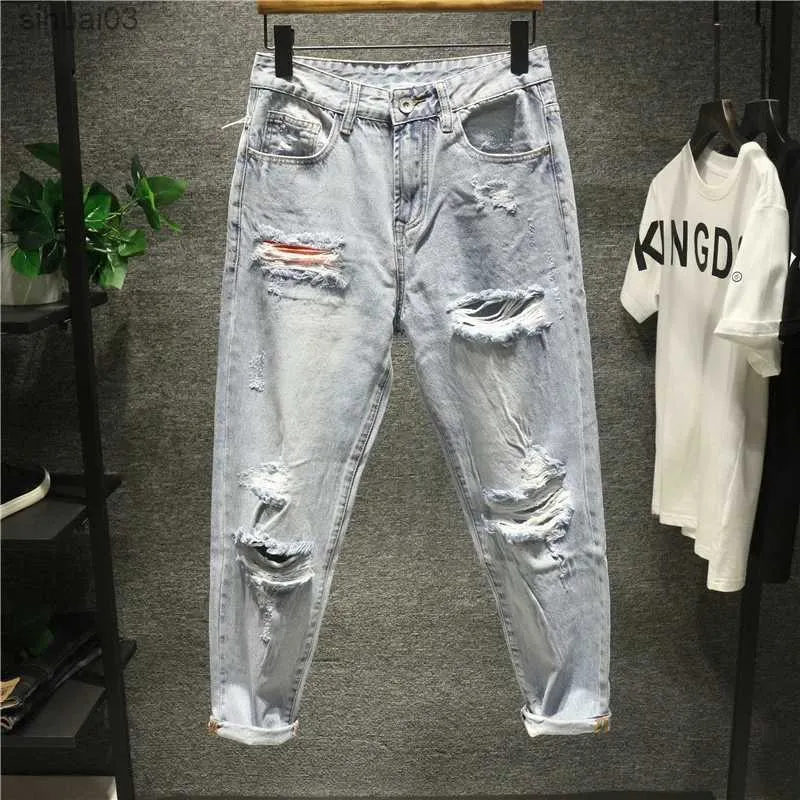 Calças de brim masculinas soltas buraco grande nove pontos calças jeans retas bolso jeans masculino y2k roupas de rua l2403