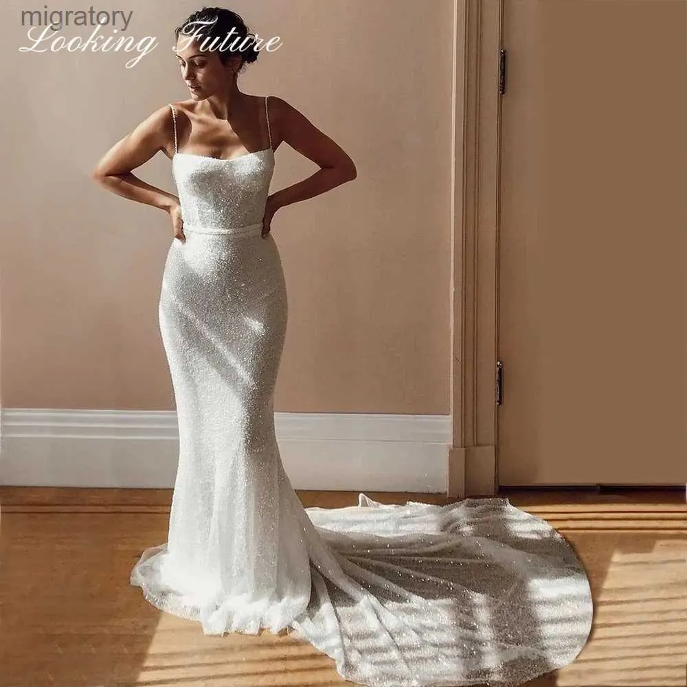 Urban Sexy Dresses Glitter Mermaid Spaghetti Straps Quarins Wedding Open Beading Sweetheart Bride Grow Shiny Court Train YQ240329