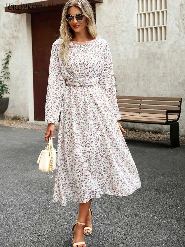 基本的なカジュアルドレス女性のためのエレガントな花柄の長いドレス秋のカジュアル白い包帯ビッグヘムドレスファッションa-line new in dresses2023t240330