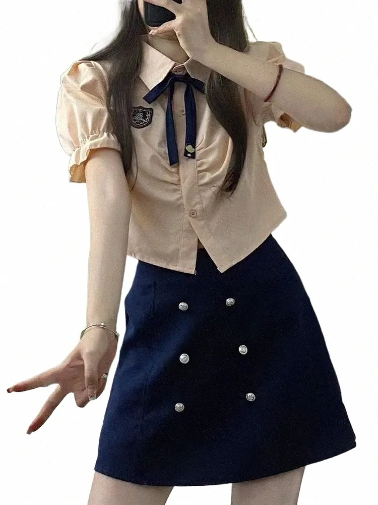Uniforme giapponese Kawaii School Girl Donna Cute Cosplay Anime School JK Uniforme coreana Sweet Chic Camicia e minigonna Set Nuovo in E1o5 #