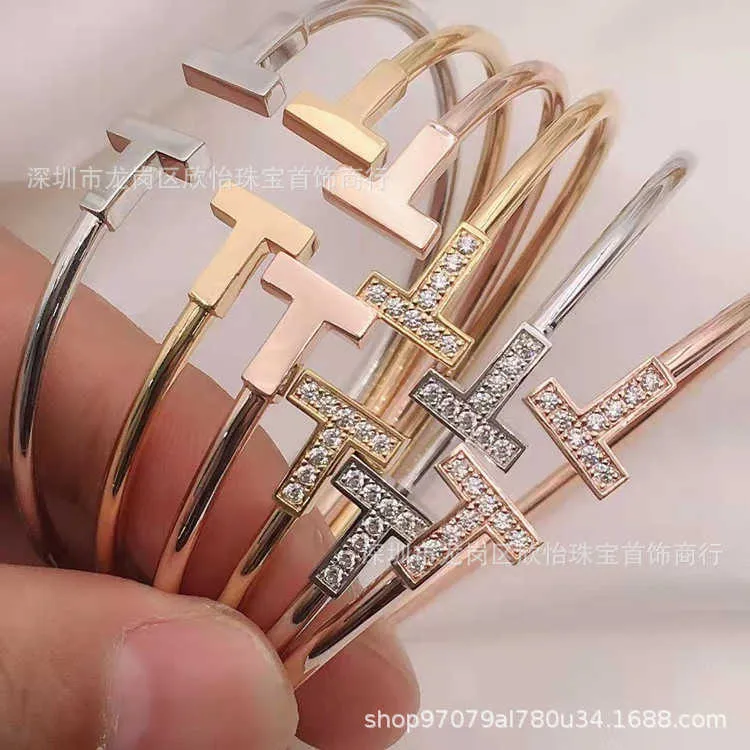 Designer Double T Bracelet Femme 18k Rose Or Diamant Ensemble Ouvert En Forme De T 925 Argent Tempérament Mode Style Polyvalent Net Rouge Même