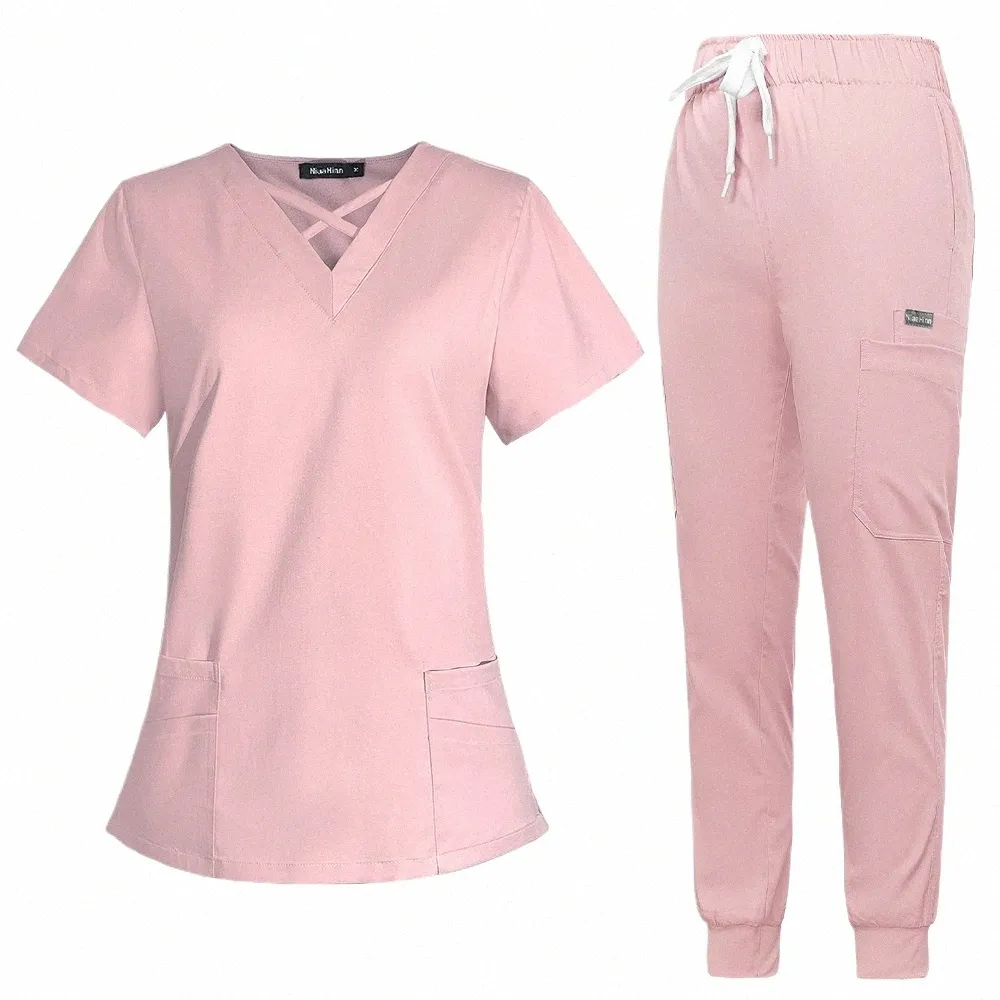 Vente en gros Prix Joggers Scrubs Set pour femmes Uniforme d'hôpital pour animaux de compagnie Costumes de gommage de couleur unie Robe chirurgicale Plusieurs poches Col en V X85N #