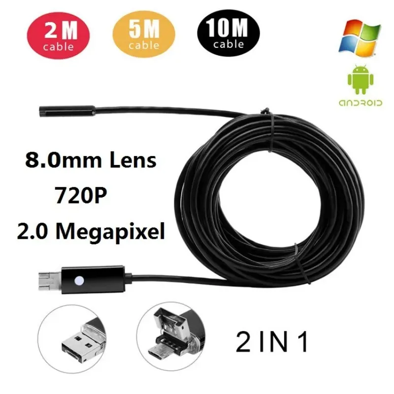 High Resolution 10M 720P 2MP 6LED 8MM USB Android Inspection Endoscope Camera for Windows Android Underwater Endoscopio Tube Micro Camera