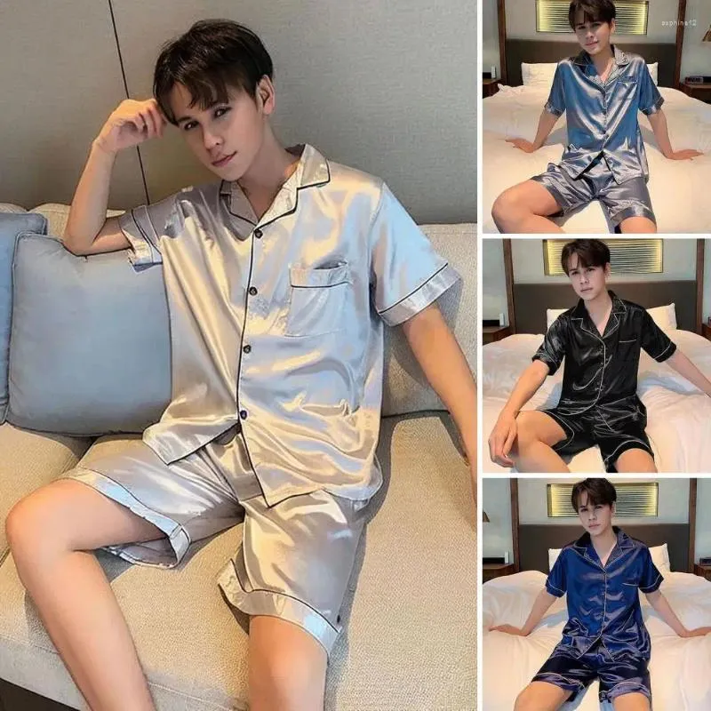 Vêtements à la maison Revers à pyjamas à pyjamas à pyjamas à pyjamas masculin en soie en soie d'été pour hommes à manches courtes Shorts de taille élastique confortable pour les hommes