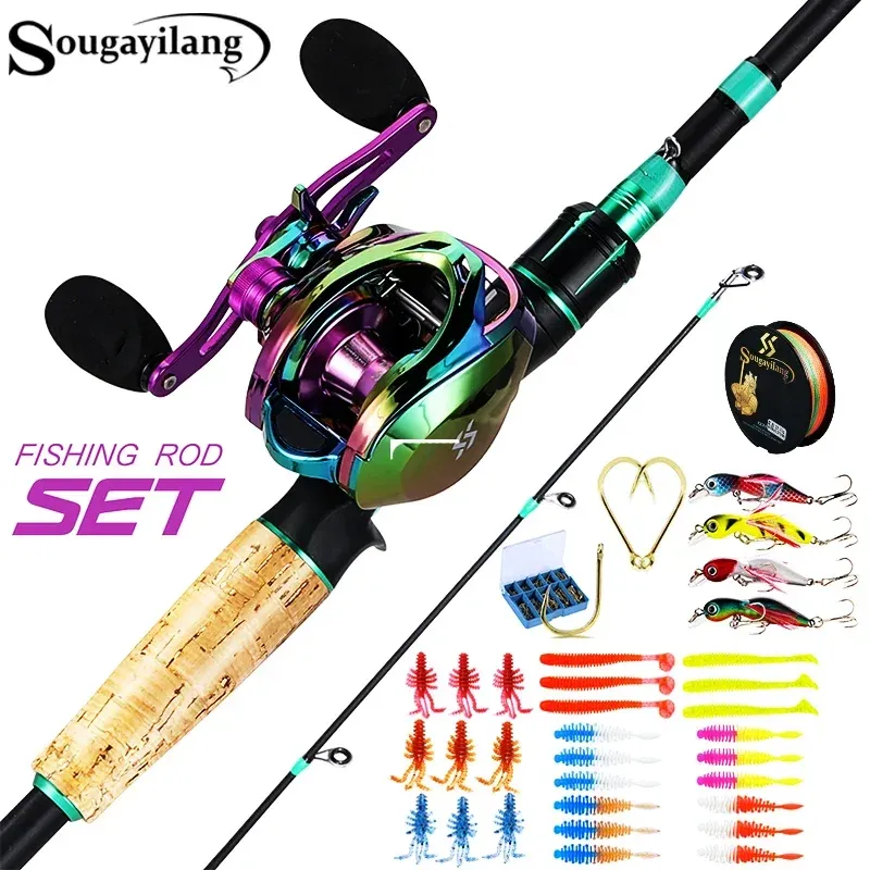 Combo Sougayilang Fishing Rod Comb 1.8/2.1m Carbon Fiber Casting Rod and 6.5:1 Gear Ratio Casting Reel Max Drag 10kg for Bass Trout