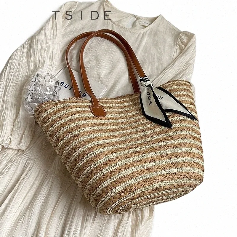 leftside Big Straw Ribbs Design Tote Bags for Women 2024 Summer Fi Weave Shoulder Bags Travel Handbags Beach Bag L0oP#