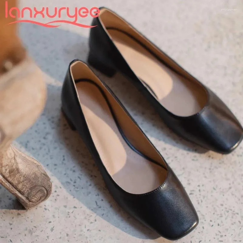Dress Shoes Lanxuryee Large Size Genuine Leather Three Colors All-match Square Toe Thick Med Heel Slip On Young Lady Dating Women Pumps L38
