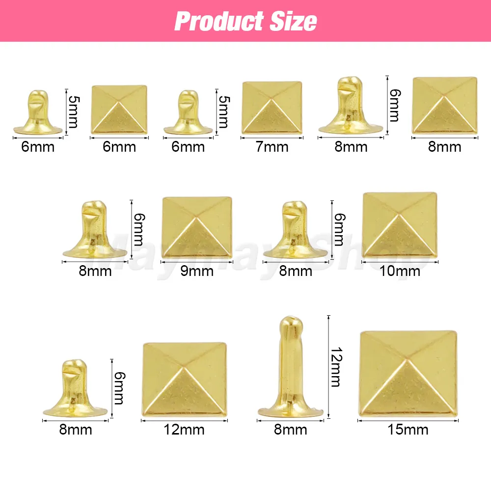 100Sets 6-12mm Metall Pyramid Cap Niets Quadratschsten mit Werkzeugen für Leder Bastel Bag Cloding-Kleidungsschuhe Accessoires
